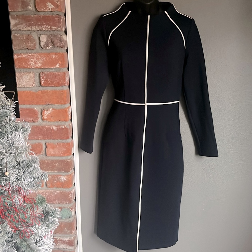 Monique Lagarde Tailored Contrast Stitch Navy and White Long Sleeve Dress Size L